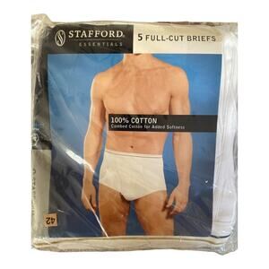 Stafford Essentials Mens 42 Cotton Full Cut  Briefs White Underwear Set of 5 New